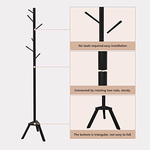 Sywhitta Coat Rack Stand, Premium Bamboo Free Standing Coat Rack With 6 Hooks, Easy Installation Clothes Hanger Stand, Black #TOP5