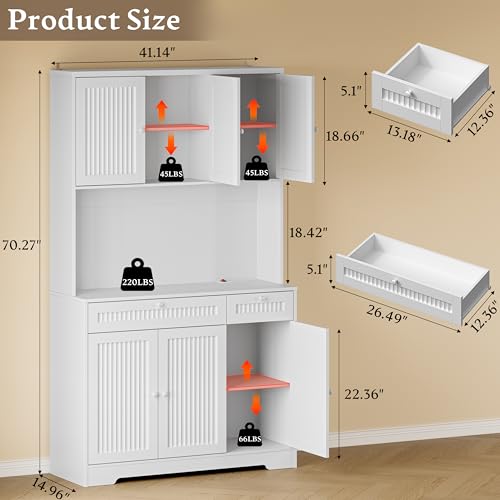 Image of BORNOON Pantry Cabinet with Charging Station and Light, Tall Kitchen Pantry Storage Cabinet with Microwave Stand, Wide Fluted Kitchen Hutch with Storage Drawers and Adjustable Shelves for Dining Room