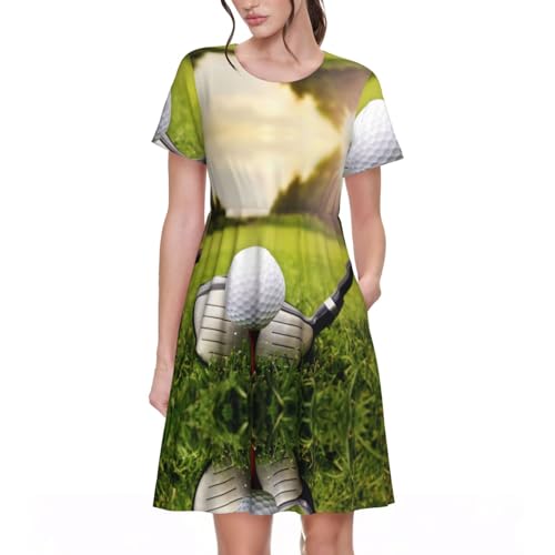 Golf Ball Print Versatile Daily Wear Dresses Casual Short Sleeve Dress for Summer with Pockets Black -  SAAKE, SB-122-Black-33
