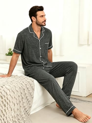 Image of Men's Short Sleeve Pajama Set, Soft Cotton Button Down Sleepwear Top & Long Pants, Loungewear PJs with Pockets S-XXXL