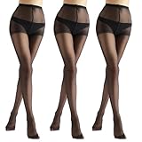 HA WA Paquete de 3 medias transparentes para mujer, resistentes a los enganches, con cintura cómoda, 20 denier, color negro y café nude, Negro, S