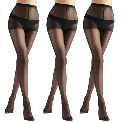 HA WA 3 Pack Tights for Women pantyhose Tights Sheer Snag Resistant with Comfort Waistband 20 Denier Black Nude Coffee(20D-YU-20NLK-B-M)