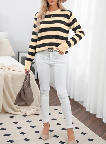Dokotoo Womens Sweaters Elastic Crewneck Color Block Knit Tops Cute Loose Long Length Comfy Pullover Sweater Winter Clothes Womens Fall Fashion 2026 Beige Stripe Small — view 2