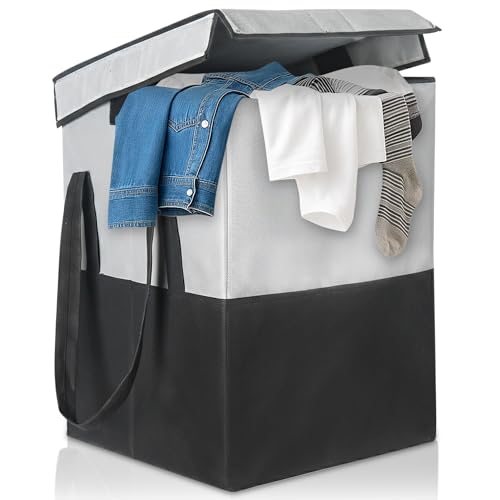 Image of GLUN 75L Laundry Basket for Clothes | Large Capacity Non-Woven Laundry Bin with Lid & Handles | Freestanding Clothes Storage Organizer for Bedroom, Bathroom & Home (Grey & Black)