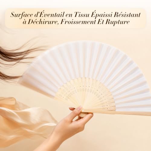 2 Pièces Éventail Pliant, Eventail Blanc Tissu, Fait Main – vue 4