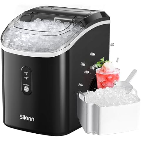Nugget Ice Maker Countertop, Silonn Chewable Pellet Ice Machine with Self-Cleanin Function, 33lbs/24H Portable Ice Makers for Home Kitchen Officce, Black Cover