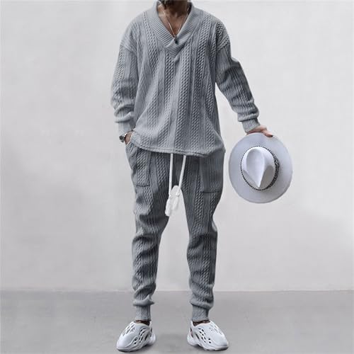 Men's 2 Piece Sweater Set Loose Outfits Long Sleeve V Neck Knitted Shirts Pants Sets Casual Jogger Track Suit3