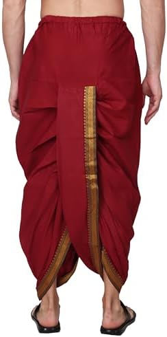 Rameshwaram Fabrics Men's Readymade Elastic Silk Dhoti, Comfortable Pre-Stitched Dhothi (Maroon, Wiast Size - 32 to 34 X 42 Length)