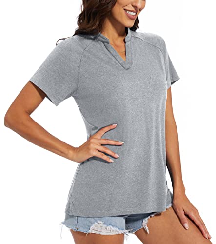 Magcomsen V Neck T Shirts For Women Quick Dry Summer Shirts Collarless Golf Shirts Short Sleeve Polo Sports Light Grey 2Xl #TOP1