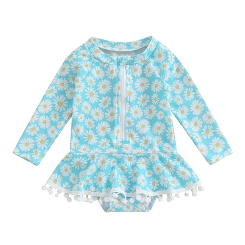 Image of Toddler Newborn Baby Girl Swimsuit Floral One Piece Swimwear Kid Ruffle Bathing Suit (Daisy-Sky Blue, 12-18 Months)