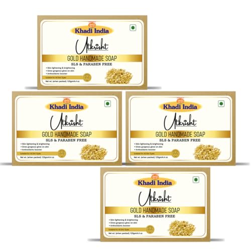 Image of Utkristh Khadi Gold Handmade Bathing Soap | Natural & Herbal Skin Brightening Bar | Luxury Body Cleanser with Essential Oils | For Glowing Skin | Unisex | 125g (Pack of 4)