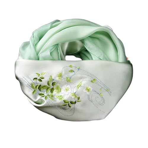 HangErFeng Women Elegant Long Shawl Double Silk Hand Embroidery Green Scarf 1050