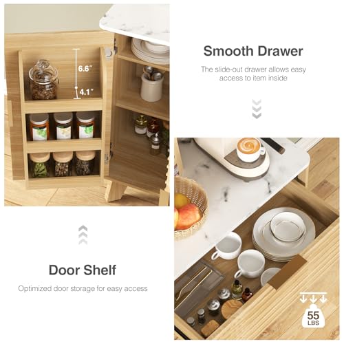 Image of Vabches 65 inch Kitchen Pantry Storage Cabinet, Fluted Kitchen Hutch Cabinet with 4 Charging Stations and Large Countertop, Open Shelves & Drawers for Dining Room, Living Room,Modern, Natural