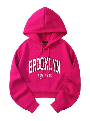 Hilinker Womens Graphic Long Sleeve Cropped Hoodies Drawstring Hooded Sweatshirt Hot Pink Brooklyn Medium