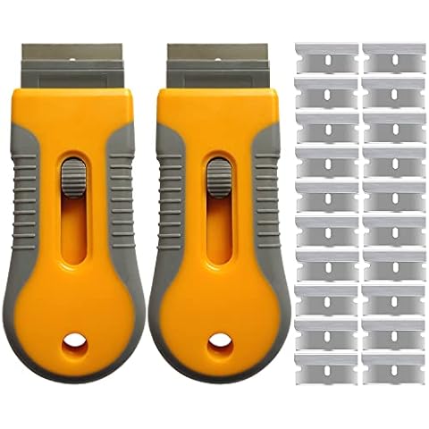 2PCS Mini Razor Blade Scraper Retractable Scraper , Paint Plastic Window Glass Scraper Tool with 20pcs Scraper Blades for Scraping Stickers, Decals, Labels, Paint, Caulk, Floor Cover