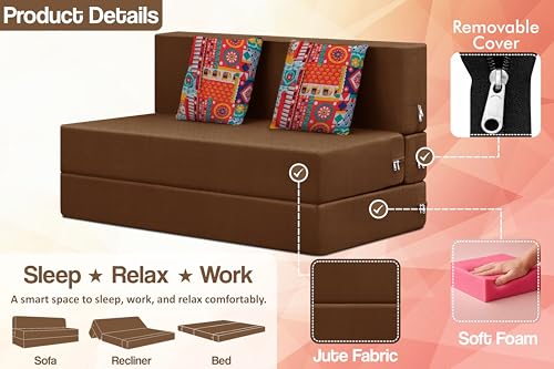 Image of Rosebell Two Seater Foldable Sofa Cum Bed (4x6 Feet) ? Jute Fabric, Washable Removable Cover, Includes Cushion | Space Saving Convertible Sofa Bed for Home, Office & Guests - Brown