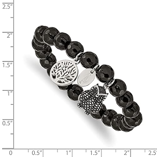 Ice Carats Stainless Steel Vintage Owl Tree Of Life 8Mm Black Jade Beaded Stretch Bracelet Animal Adjustable Wrap Natural Stone Shell Wood Fashion Jewelry For Women Gifts For Her #TOP2
