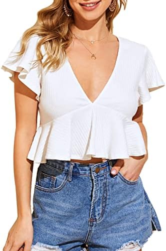 Verdusa Women's Deep V Neck Flutter Sleeve Ribbed Peplum Top Crop Blouse White S