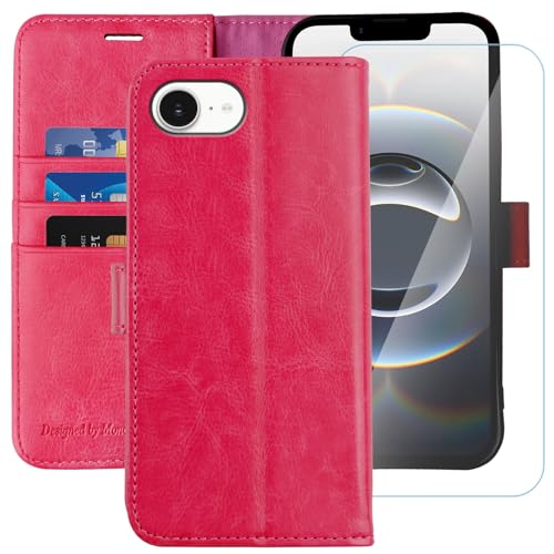 Étui iPhone 16E 5G MONASAY portefeuille en cuir rose vif avec son protège-écran en verre trempé
