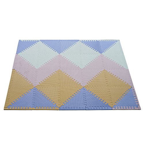 Baby Play Mat Extra Thick EVA 40 Triangle Non Toxic Tiles Kids Foam Mat Puzzle Soft EVA Flooring for Kids Play Gym and Baby Room Interlocking Chevron Foam (White/Blue/Pink/Orange, 12
