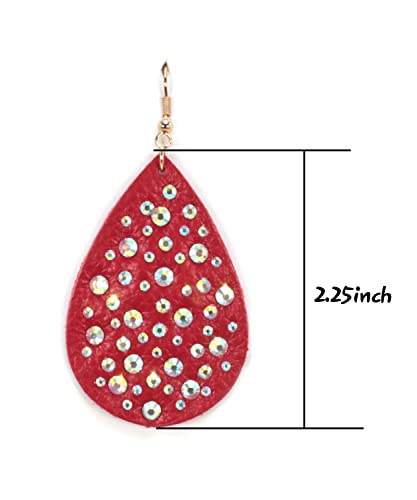 Miracle Collection Soft Genuine Tear Drop, Fringe Feather Leather With Crystal Stones. Lightweight Dangle Color Earrings For Women Girls Fashion (Teardrop-Rd) #TOP2
