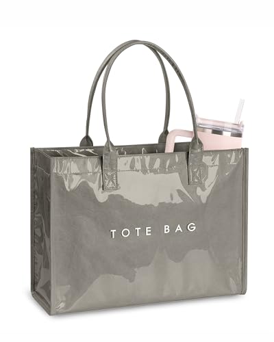 NPBAG Large PVC Tote Bag for Women, Kraft Paper Handbag Beach Tote with Letter Print, Top Handle Purse for Work Travel Shopping (Grey)