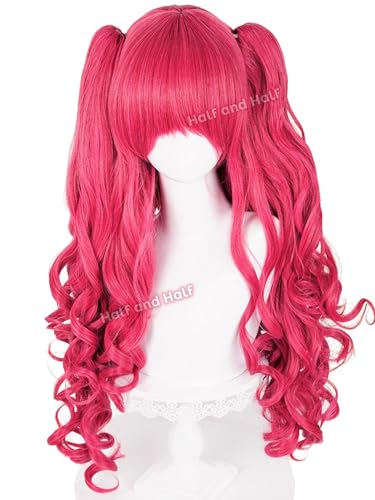 Image of Long Curly Red Pink Anime Ponytail Wig with Bangs Deep Pink Twin Tail Wigs | 31.5'' Pink Cute Pony Lolita Costume Wigs Synthetic Hair for Women Halloween Party Daily