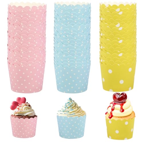 Papier Muffinförmchen,150 Stück Muffin Papierförmchen,Punktmuster Cupcake Wrapper Muffin Förmchen Papier Cupcake Förmchen Cupcakes Backbecher für Geburtstage,Hochzeiten,Party(Rosa Blau Gelb)