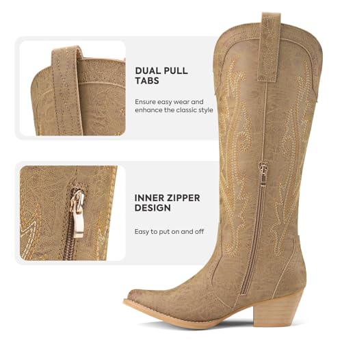 Image of Rollda Cowboy Boots for Women Cowgirl Boots Embroidered Knee-High Western Boots Pointy Toe with Chunky Heel