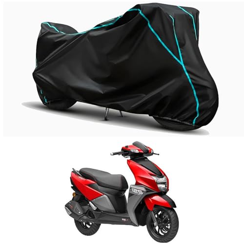 Image of Waterproof Bike Body Cover Compatible for | TVS NTORQ 125 Drum | Taffeta Fabric, Sky Piping Design, Bottom Elastic Fit | Dustproof, Sun UV & Rain Protection for All Weather.