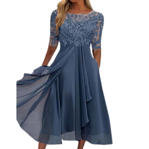 Akivide Women's Summer Elegant Chiffon Lace Maxi Dresses Half Sleeve