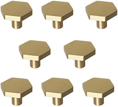 RZDEAL 1-1/10" Solid Brass Knobs Shoe Cabinets Knob and Pulls Brushed Gold Hexagon Handles for Dresser Drawer (8Pcs)