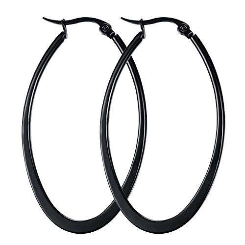 YZstyle Stainless Steel Hoop Earrings Oval Hypoallergenic Earrings Big Nickle Free for Women Girls (BlackER042)