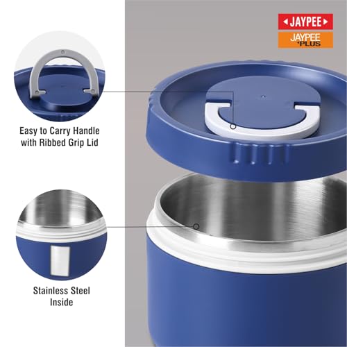 Image of Jaypee Plus Snackpac Airtight Leakproof Container 1300 ml Lunch Box with Bag for School, Office, Ideal for Snacks and Meal, Keeps Food Hot & Fresh Inner Stainless Steel Easy to Carry Handle, Blue