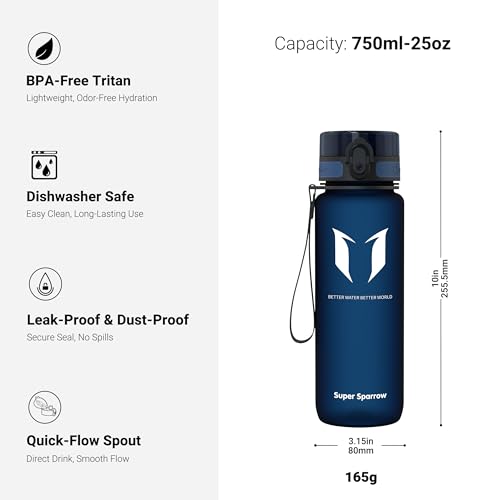 Sportowa butelka wody Super Sparrow -25oz - Plastik Tritan bez BPA - Otwiera się jednym kliknięciem - Wielokrotnego użytku z szczelną pokrywką - Do biegania, siłowni, jogi, na zewnątrz i na kemping
