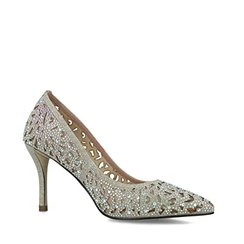 MENBUR 23577 Dekollete Zeremonie Damen Satin Stöckel Absatz 10 cm Sohle Synthetischer Gummi, Platin, 39 EU