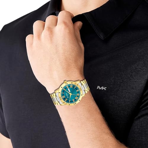 Image of Evelyn Men's Two-Tone Watch, Gold and Silver Stainless Steel Band, Turquoise Dial, Roman Numerals, Day-Date Display