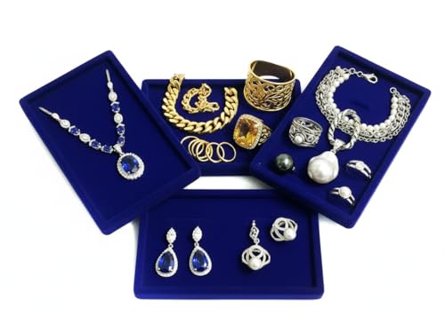 Image of Velvet Jewellery Display & Beading Tray | 12 x 9 Inch Organizer Tray for Necklaces, Bracelets, Cosmetics & Craft Storage | Soft Velvet Finish, Durable & Multipurpose (Pack of 1) (Blue)