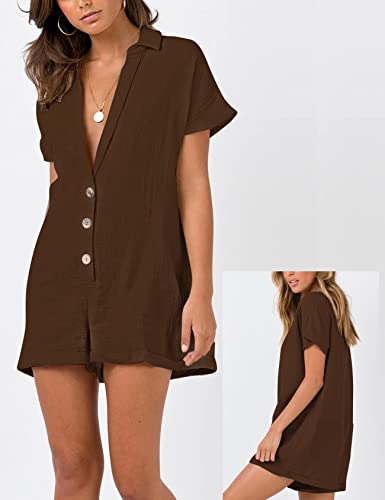 Flygo Women's V Neck Button Down Rompers Casual Short Sleeve Loose Jumpsuit Playsuit (Coffee-S) #TOP2