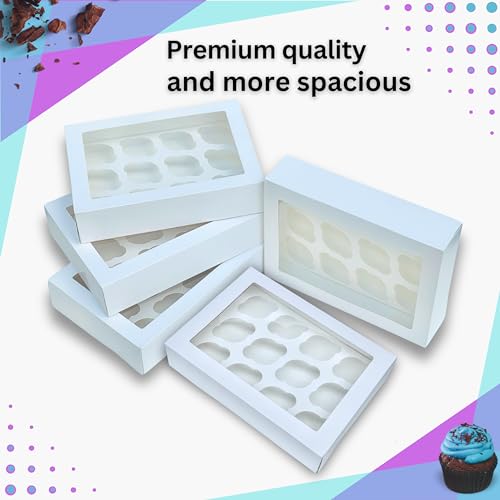 PACK N TRADE 25 Pcs cupcake boxes 12 hole - Removable Inserts Deep cake boxes for cupcakes – White cup cake boxes (33 x 24.2 x 7.5 cm) with Clear Window - Ideal for Muffins, Cupcakes - 6