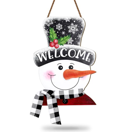 Whaline Winter Snowman Wooden Hanging Sign with Black White Buffalo Plaid Scarf Ribbon Snowman Welcome Sign Xmas Door Decor Sign for Christmas Winter kitchen Indoor Outdoor Porch Wall