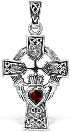 WithLoveSilver Sterling Silver 925 Celtic Cross and Claddagh Natural Garnet Heart Pendant