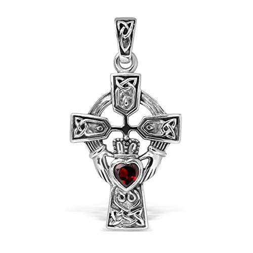 Withlovesilver Sterling Silver 925 Celtic Cross And Claddagh Natural Garnet Heart Pendant #TOP2