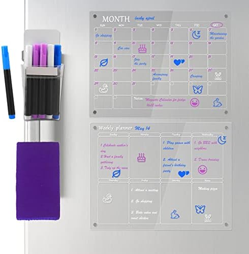 Acrylic Magnetic Monthly and Weekly Calendar Set for Refrigerator, Set of 2 Clear Dry Erase Board Calendar, 16" x 12" Clear Dry Erase Calendar Board, Reusable Notepad, Includes 6 Markers in 3 Colors