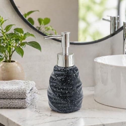 Image of Whizzo Premium Textured Ceramic Soap Dispenser for Bathroom & Kitchen | Refillable Lotion Dispenser with Chrome Pump | Modern Speckled Design | Durable, Stylish & Eco-Friendly (300ML, LD-214, Black)