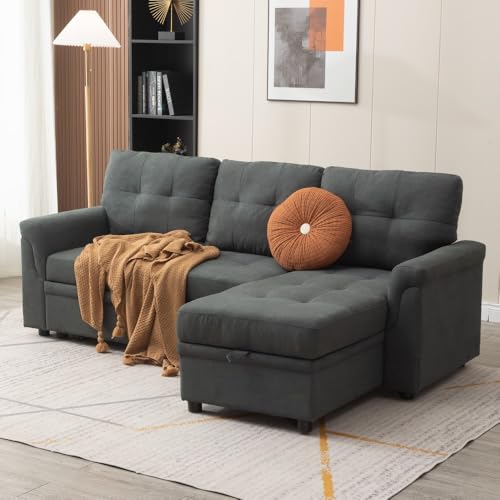 Panana 3 Seater Universal Sofa Bed Corner - Linen or Black Leather-Like Fabric Sofa Bed with Storage & Reversible Chaise (Grey Linen Fabric) - Image 8