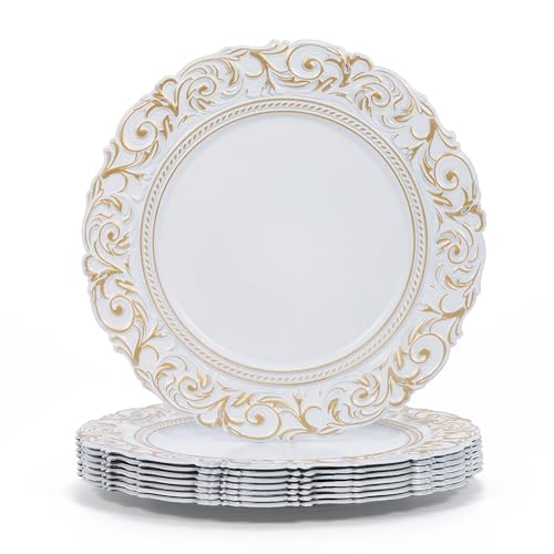 Genmous & Co. Genmous 13 Inch White Charger Plates Set Of 8, Vintage Embossed Plastic Table Chargers For Wedding Party Christmas Thanksgiving, Elegant Gold Dinner Plate Chargers Bulk For Rustic Farmhouse Kitchen Decor thumb #8