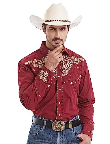 EL PIONERO Chemise Western à Manches Longues brodée Cowboy décontractée à Boutons Pression pour Homme, Bordeaux, XX-Large