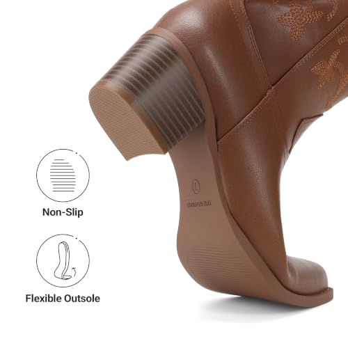 Image of DREAM PAIRS Women's Western Mid Calf Boots Cowboy | Square Toe Chunky Embroidered Boots, Suitable for Music Festivals and Everyday Outfits, Slip on Fashion Booties