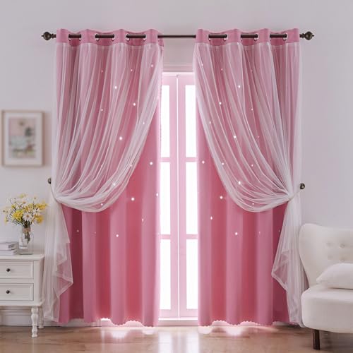 Image of indistar Star Cutout Kids Window Blackout Curtains for Girl Bedroom Window Room Darkening Curtains & Drapes Baby Nursery Curtains (2 Panel,52Wx90L inch,Pink)